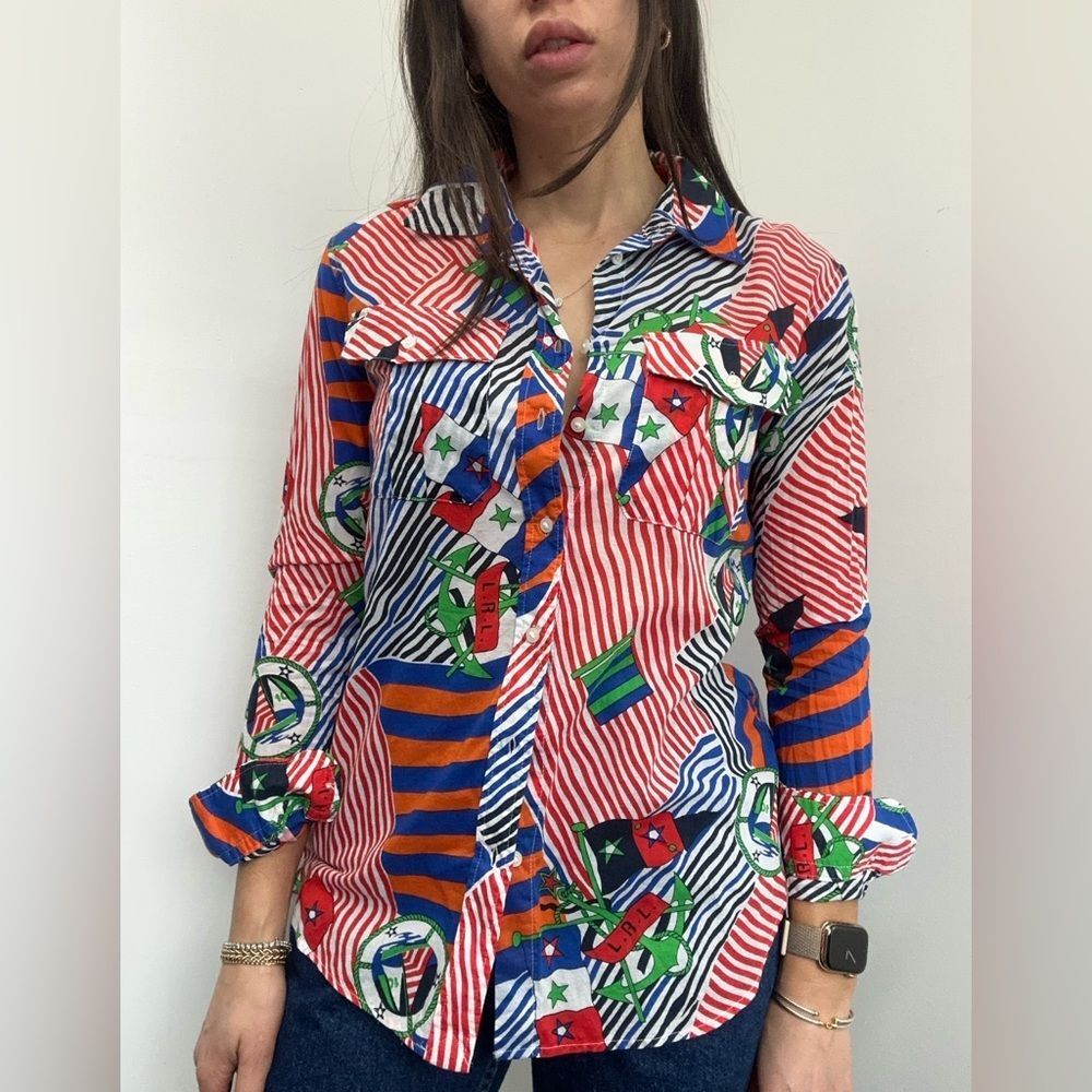 Lauren Ralph Lauren 100% Cotton Nautical Print Button Front Voile Shirt Size S - Picture 7 of 15